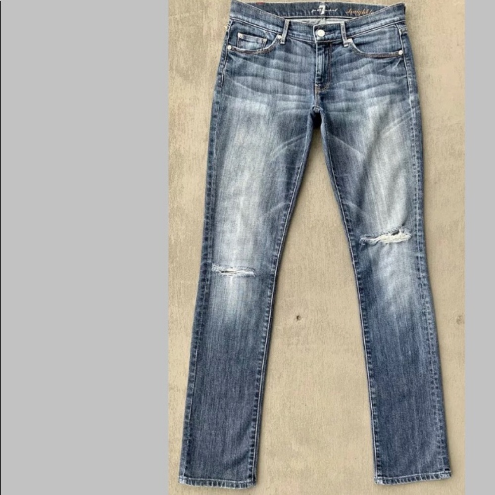 7-For-All-Mankind Straight-leg Thrashed Blue Jeans